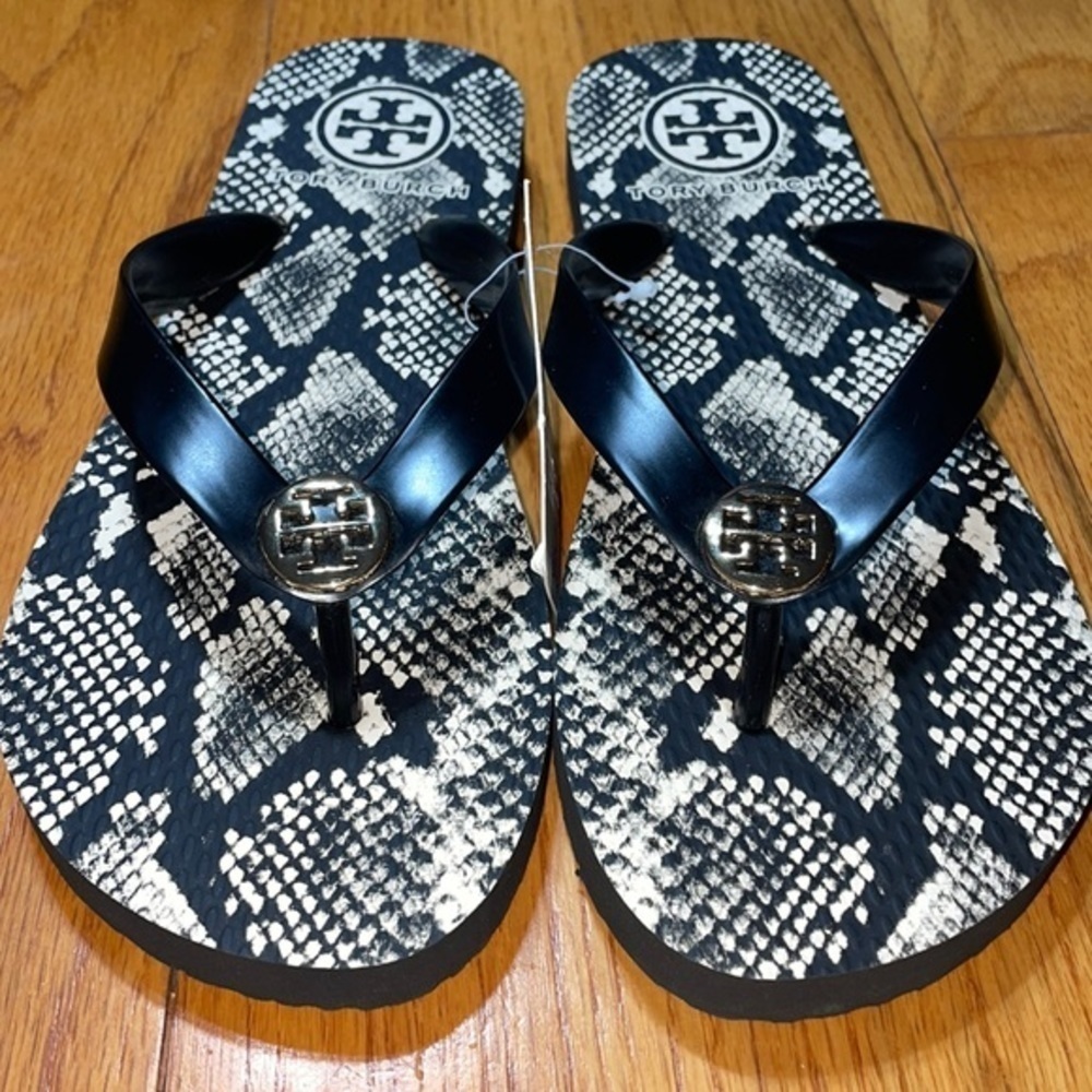 Tory Burch Classic Snake Reptile Preppy Perfect Black Thong Flip Flop Sandals - Picture 6 of 15